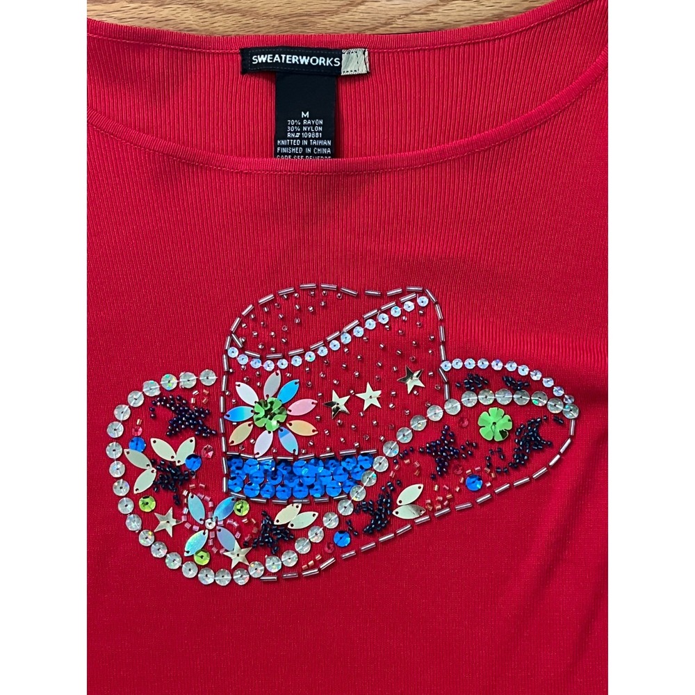 Sweaterworks Vintage Red Rhinestone Cowboy Hat Sweater Women Medium 3/4 Sleeve